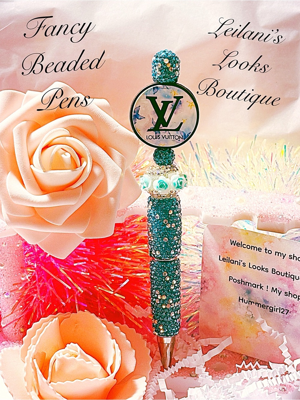 Fancy beaded Pen/gifts/light blue circle/blue flowers